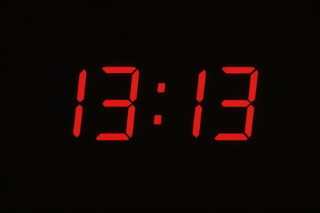 Red digital clock display showing 13:13 in a minimalist composition front view. concept of time,...