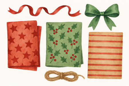 Watercolor holiday gift wrapping with festive patterns and ribbons for christmas decorating. concept of holiday season, gift presentation, artistic crafting.の写真素材