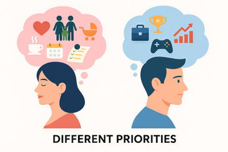 Illustration of woman and man thinking about different life priorities with family, love, household tasks vs career, success, gaming. Concept of gender roles, lifestyle balance, priorities comparison.の写真素材