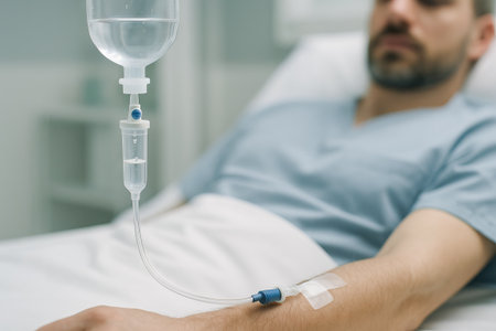 Adult man resting in hospital bed with iv drip concept of healthcare, medical treatment, patient recovery.の写真素材
