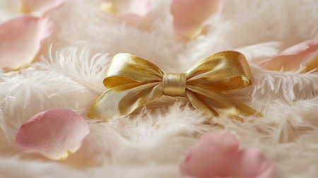 Romantic Golden Bow Resting on Soft White Feathers with Pink Petals - Concept of Love, Elegance,...