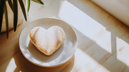 Heart-Shaped Pancake on Sunlit Table Capturing Warmth and Love: Concept of Cozy Breakfast, Culinary...