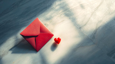 Minimalist Setup of a Handwritten Valentine's Day Card with a Red Envelope and Heart on Marble Surface. Concept of Love, Romance, Thoughtful Gestures, and Elegant Simplicity.. Valentine's Day. Copy space.の写真素材