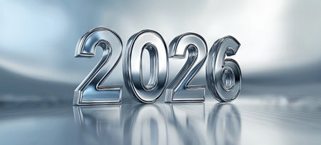 Futuristic metal 2026 numerals with reflection on shiny surface. concept of New Year, innovation,...