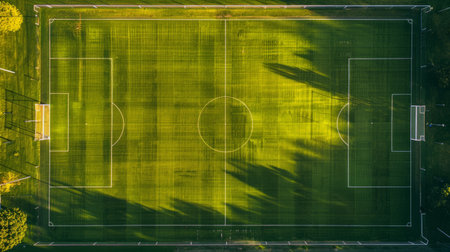 Aerial View of an Empty Soccer Field at Sunset. Concept of Sports Facilities, Outdoor Activities,...