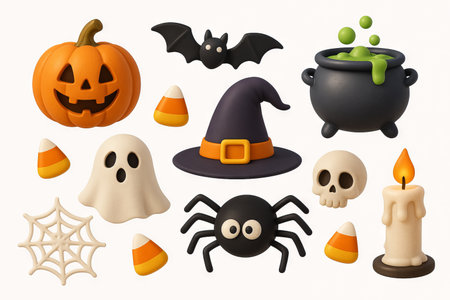 Halloween decor featuring jack-o-lantern, ghost, bat, witch hat, and more spooky elements illustration. concept of festive celebration, halloween icons, spooky decorations. Set.の写真素材