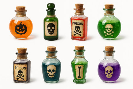 Halloween magic potion bottles with skulls and poison labels illustration for spooky decor and holiday themes. Set.の写真素材