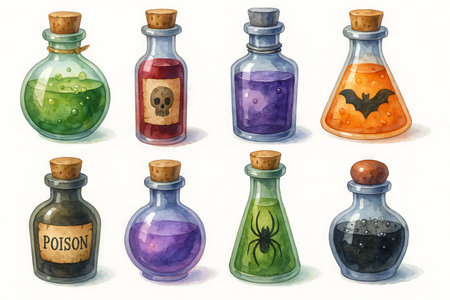 Halloween magic potions illustration featuring spooky bottles with creepy symbols and colorful liquids. concept of mystical brews, halloween celebration, fantasy art. Set.の写真素材