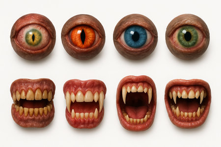 Realistic illustration of monster eyes and mouths with detailed eye colors and teeth expressions for horror concept art, imagination, and halloween creatures. Set.の写真素材
