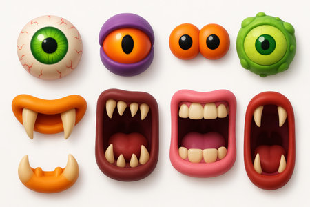 Colorful monster eyes and mouths illustration with sharp teeth and fangs on a white background....