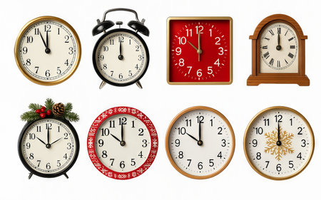 Illustration of various clocks striking midnight for new year celebration 2023. concept of time passing, new beginnings, festive decor.の写真素材