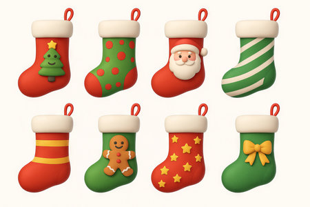 Festive christmas holiday stockings illustration featuring santa, gingerbread, tree, stars, and bow designs for seasonal decor and celebration.の写真素材
