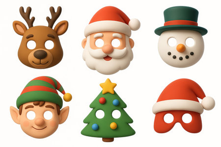 Festive holiday masks featuring santa, reindeer, snowman, elf, christmas tree, and santa hat for christmas celebration and festive cheer.の写真素材