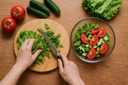 Hands preparing fresh vegetable salad with lettuce, cucumbers, tomatoes on a wooden tabletop. concept of healthy eating, homemade meal, fresh ingredients.の写真素材