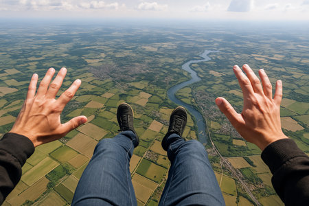 Aerial view of parachutist's hands and legs over scenic landscape with river and fields. concept of adventure, parachuting experience, high-altitude exploration, thrill-seeking.の写真素材