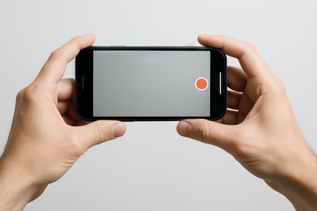 Hands holding smartphone horizontally capturing photo with simple compose interface for mobile photography.の写真素材