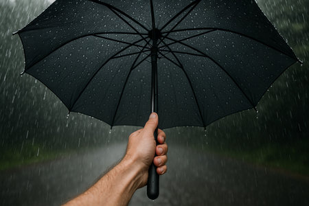 Person holding black umbrella in rainstorm on overcast day. concept of weather protection, rainy season, outdoor experience, stormy weather, staying dry.の写真素材
