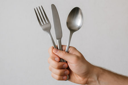 Hand holding stainless steel cutlery against neutral background. concept of eating utensils, silverware, kitchen essentials, dining tools.の写真素材