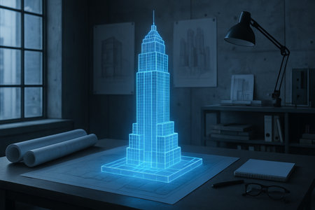 Hologram of skyscraper illuminated on architect's desk in dimly lit office room. concept of modern...