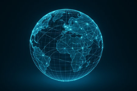 Digital illustration of a globe with network connections on dark background. concept of global connectivity, world map visualization, technology network expansion.の写真素材