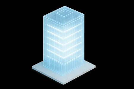 Holographic 3d model of building showcasing modern architecture concept, simple composition,...