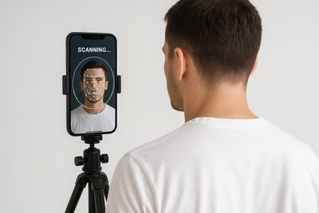 Young man using smartphone facial scanning technology for identification and security. concept of...