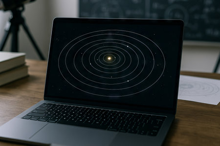 Illustration of planetary orbits displayed on laptop screen in classroom setting with astronomy concept and educational learning environment.の写真素材