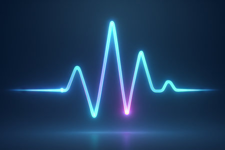 Holographic cardiogram illustration featuring colorful neon pulse lines on dark background. concept of futuristic medical technology, heart monitoring, digital health care.の写真素材