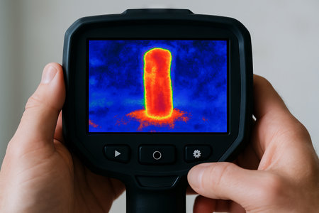 Hand holding thermal image of object on display screen showing heat signature. concept of temperature analysis, heat detection, technological device application.の写真素材