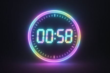 Neon holographic timer with vibrant glow effect in dark setting illustration. concept of futuristic...