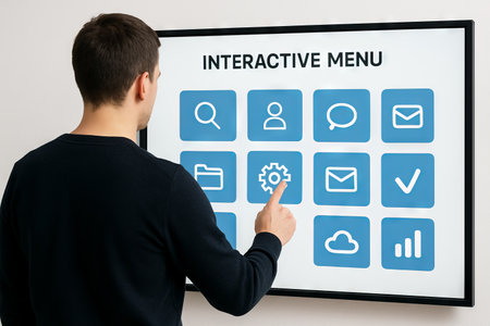 Interactive screen technology with user engaging via touch interface for digital menu navigation concept of modern innovation, user-friendliness, technology in daily life.の写真素材