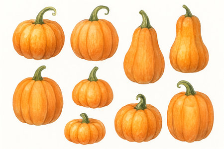 Watercolor halloween pumpkins on white background for festive seasonal decor. concept of autumn celebration, pumpkin art, holiday decoration.の写真素材