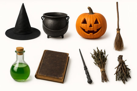 Witchcraft attributes including cauldron, broomstick, witch hat, jack-o-lantern, potion, and spellbook in halloween theme illustration.の写真素材