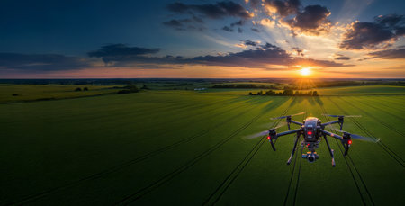 Aerial view of drone flying over green farmland at sunset with dramatic sky and sun rays on the horizon. concept of technology, agriculture innovation, scenic landscape.の写真素材