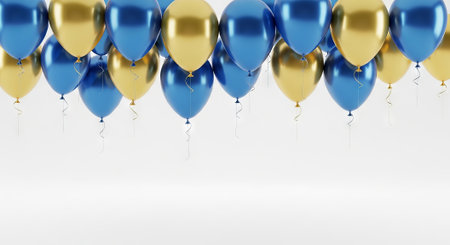 Festive blue and gold balloons floating against white background. concept of celebration, party decor, festive atmosphere, copy space.の写真素材