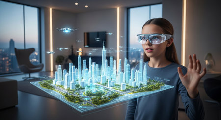 Young girl interacting with futuristic virtual reality hologram of a cityscape in a modern interior...