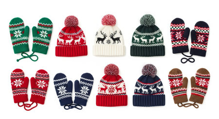 Festive christmas hats and mittens set with reindeer and snowflake patterns on white background illustration. concept of winter apparel, holiday accessories, seasonal fashion.の写真素材