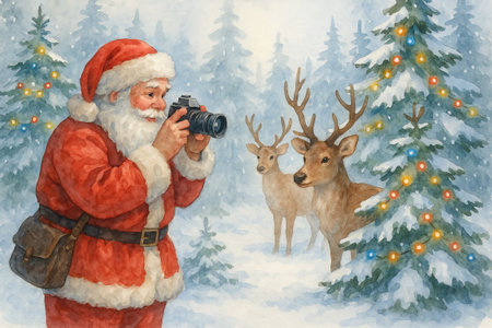 Santa claus photographing reindeer in snowy forest with festive trees in winter wonderland illustration. concept of holiday magic, christmas photography, seasonal celebration.の写真素材