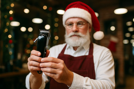 Santa claus barber holding electric hair clipper in holiday decorated barbershop setting. concept of christmas, festive grooming, holiday magic, santa in everyday life, barbershop celebration.の写真素材