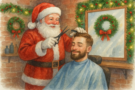 Watercolor santa claus giving haircut in festive barbershop decorated with wreaths. concept of holiday cheer, christmas barbershop, festive season haircut.の写真素材