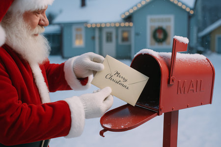 Santa claus delivering a merry christmas letter to a snowy mailbox in winter wonderland. concept of holiday celebration, festive greeting, joyful season.の写真素材