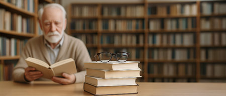 Elderly man reading in a quiet library surrounded by books and glasses on a table. concept of lifelong learning, knowledge, and relaxation, banner, copy space.の写真素材