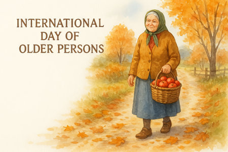 Elderly woman walking in autumn with basket of apples on international day of older persons illustration. concept of aging gracefully, fall season, harvest celebration.の写真素材