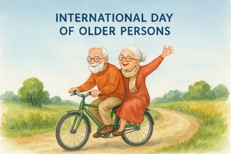 Elderly couple riding bicycles on scenic pathway illustration. concept of active aging, outdoor adventure, senior health.の写真素材