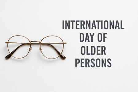 Elegant eyeglasses on white background celebrating the international day of older persons concept of vision, age, lifestyle, eye care, minimalist design, senior style.の写真素材