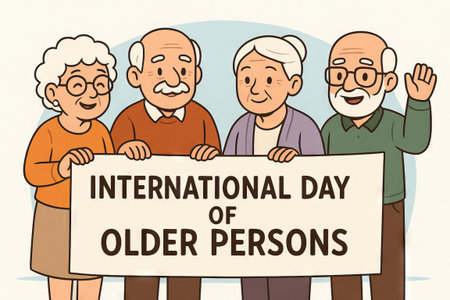 Happy older persons day illustration featuring cartoon elderly group holding celebration sign for international unity and aging awareness.の写真素材