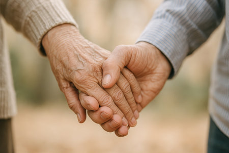 Close-up of two elderly people holding hands outdoors. concept of connection, senior companionship,...