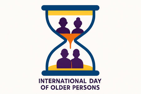 Illustration of elderly people and hourglass symbolizing international day of older persons. concept of aging, time passing, senior life celebration.の写真素材