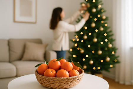Woman decorating christmas tree in cozy living room with basket of fresh mandarins in foreground. concept of holiday spirit, seasonal decor, festive home atmosphere.の写真素材