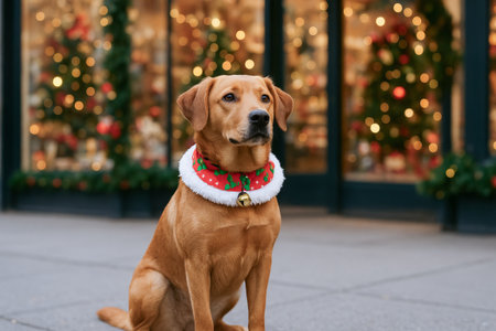 Brown dog wearing christmas collar in front of festive storefront window display with holiday decor, christmas trees, and bokeh lights in winter season.の写真素材